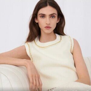 Maje Cream Cropped Chain Trim Sweater Tank  with Gold Chain Trim
